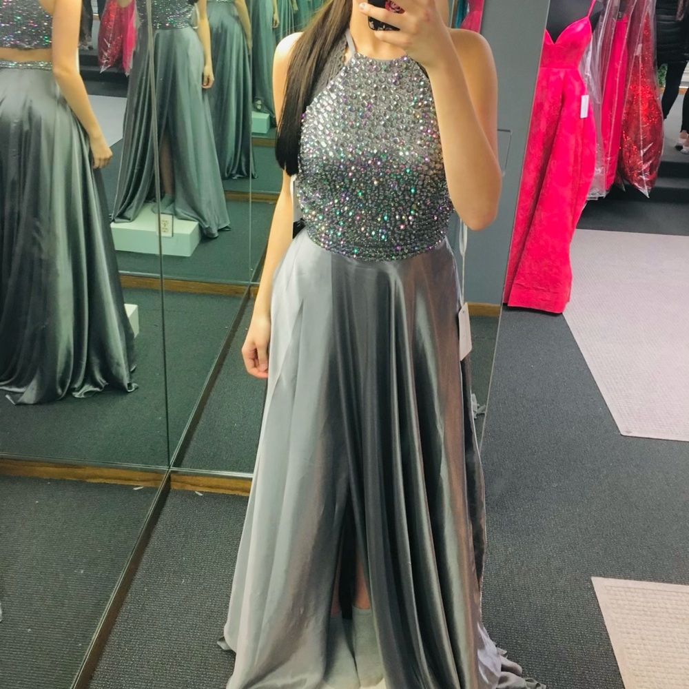 Sherri Hill Silver Beaded Halter Prom Dress - Picture 3 of 10